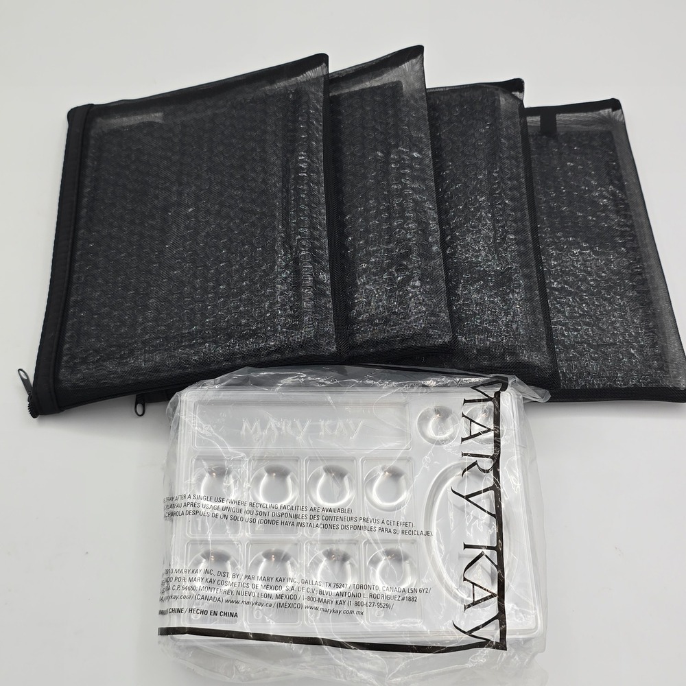 Mary Kay 4 Mesh Zipper Pouches Folding Tabletop Mirror and Makeup Tray Set Black